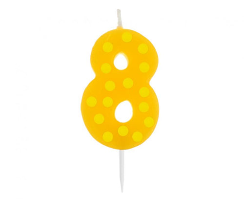 Svečka za torto številka 8 – rumena s pikami, 6 cm