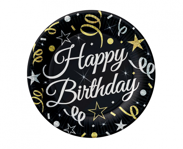 Papirnati tanjuri - Happy Birthday, crni, 6 komada, 18 cm