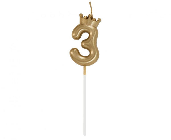 Svečka št. 3 s kronico – zlata kronca, 6 cm - Mojbalon