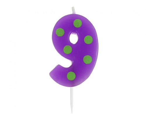 Svečka za torto številka 9 – vijolična s pikami, 6 cm