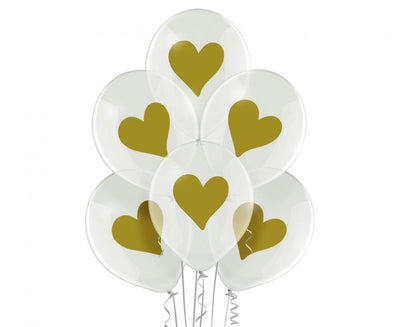 Baloni iz lateksa s srčki, prozoren zlata barva, 30cm, 6 balonov - Mojbalon