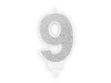 Svečka za torto številka 9 – srebrna, 7 cm