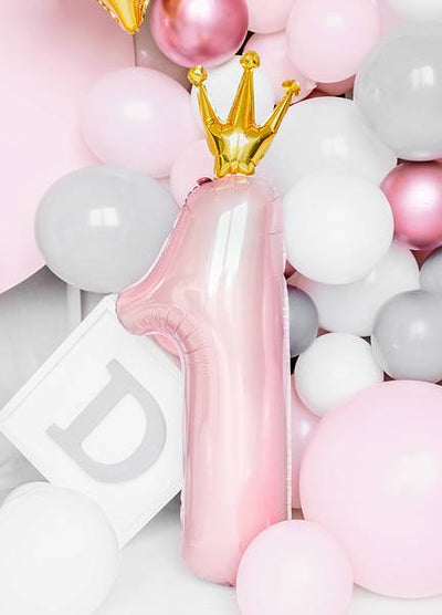 Rođendanski balon broj 1 sa krunom, roze boje